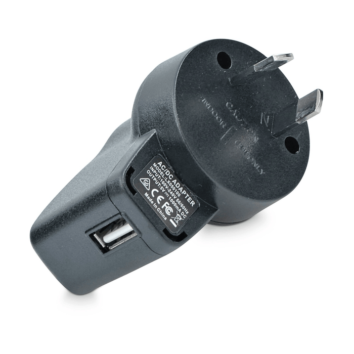 The 5V USB Adaptor Plug for Deluxe Electric Dog Fence by Pet Control HQ is a premium USB wall charger with a standard plug, featuring a 5V charging output. It includes one USB port and prominently displays safety certification logos on its side.