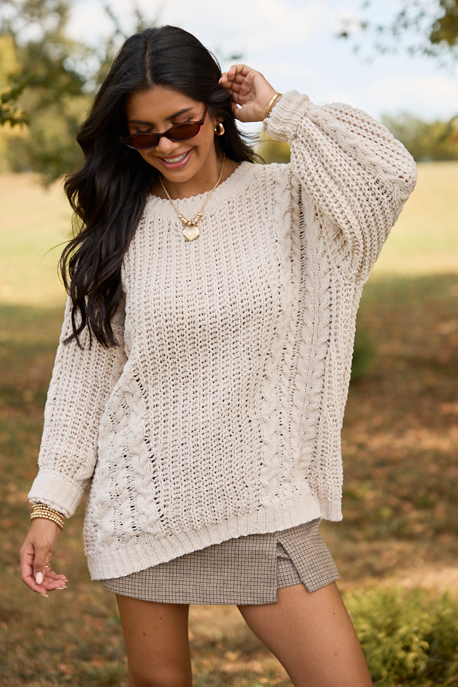 Ashten Beige Chenille Cable Knit Oversized Sweater