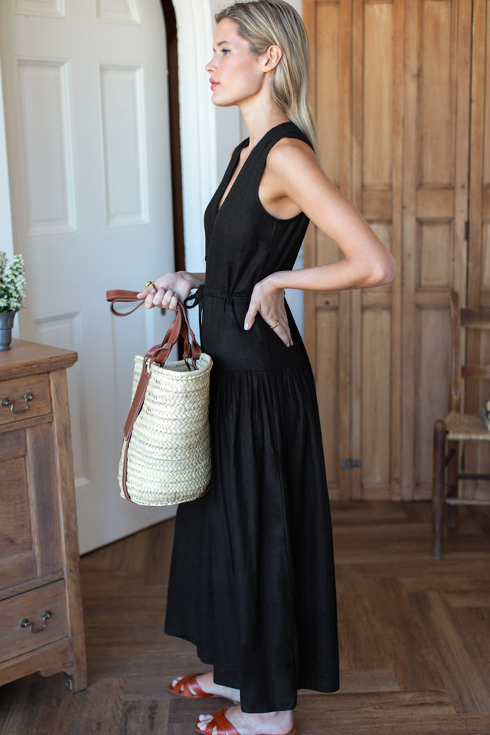 Basque Sundress - Jet Black Linen