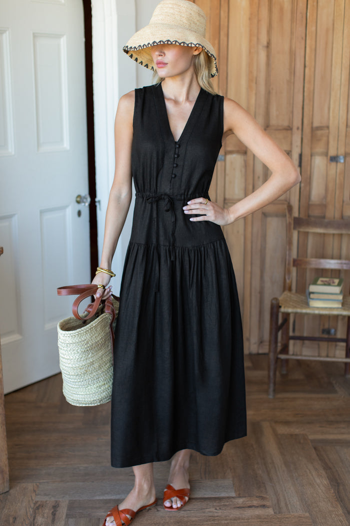 Basque Sundress - Jet Black Linen