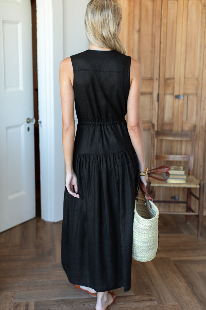 Basque Sundress - Jet Black Linen