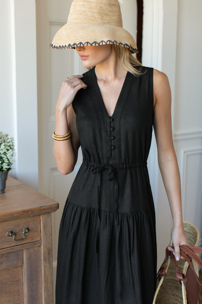 Basque Sundress - Jet Black Linen