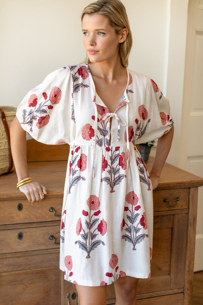 Bastian Short Dress - Blush Peonies Linen