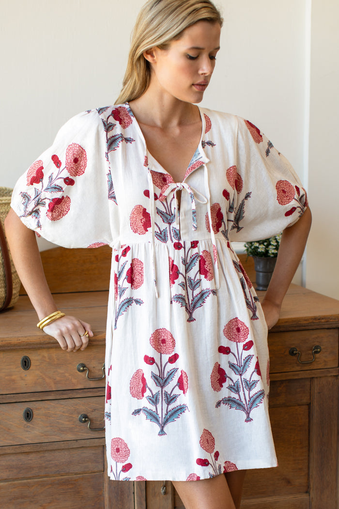 Bastian Short Dress - Blush Peonies Linen