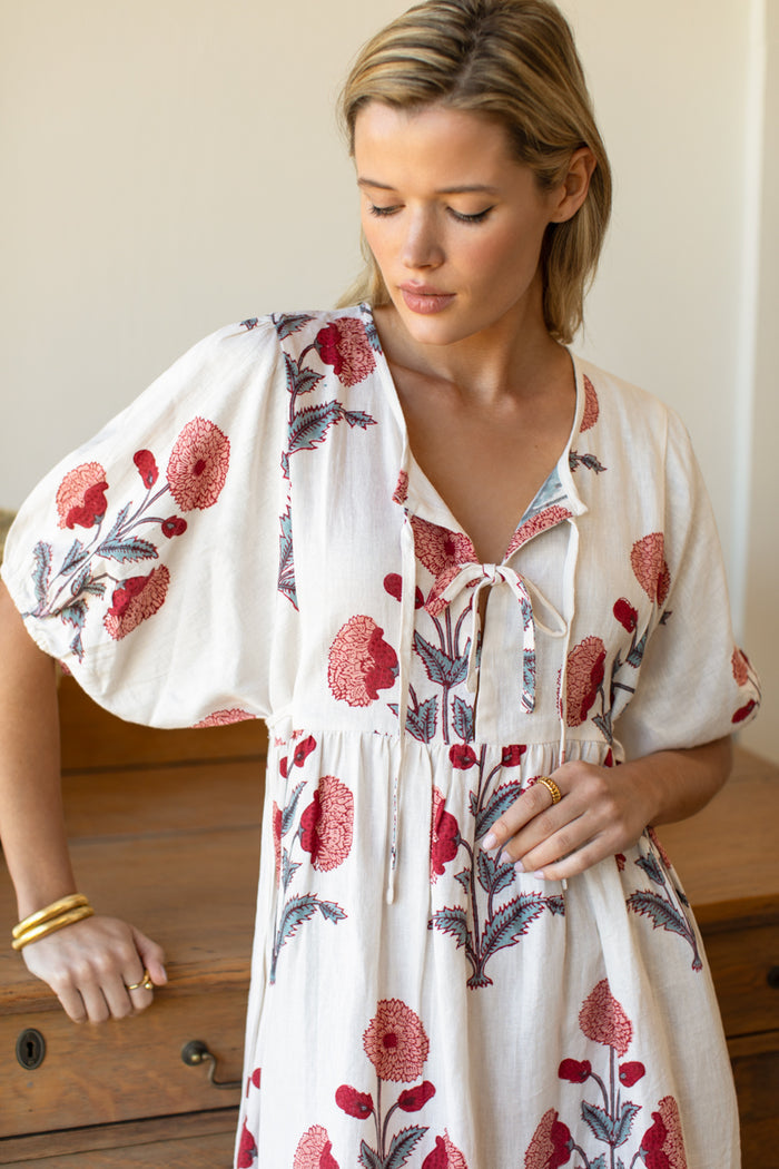 Bastian Short Dress - Blush Peonies Linen
