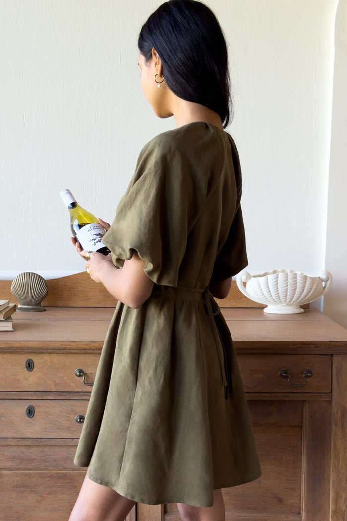 Bastille Short Dress - Martini Olive Linen