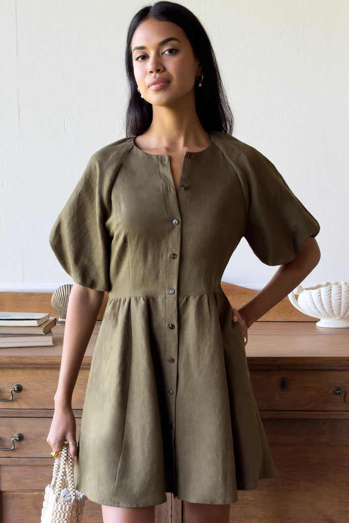 Bastille Short Dress - Martini Olive Linen