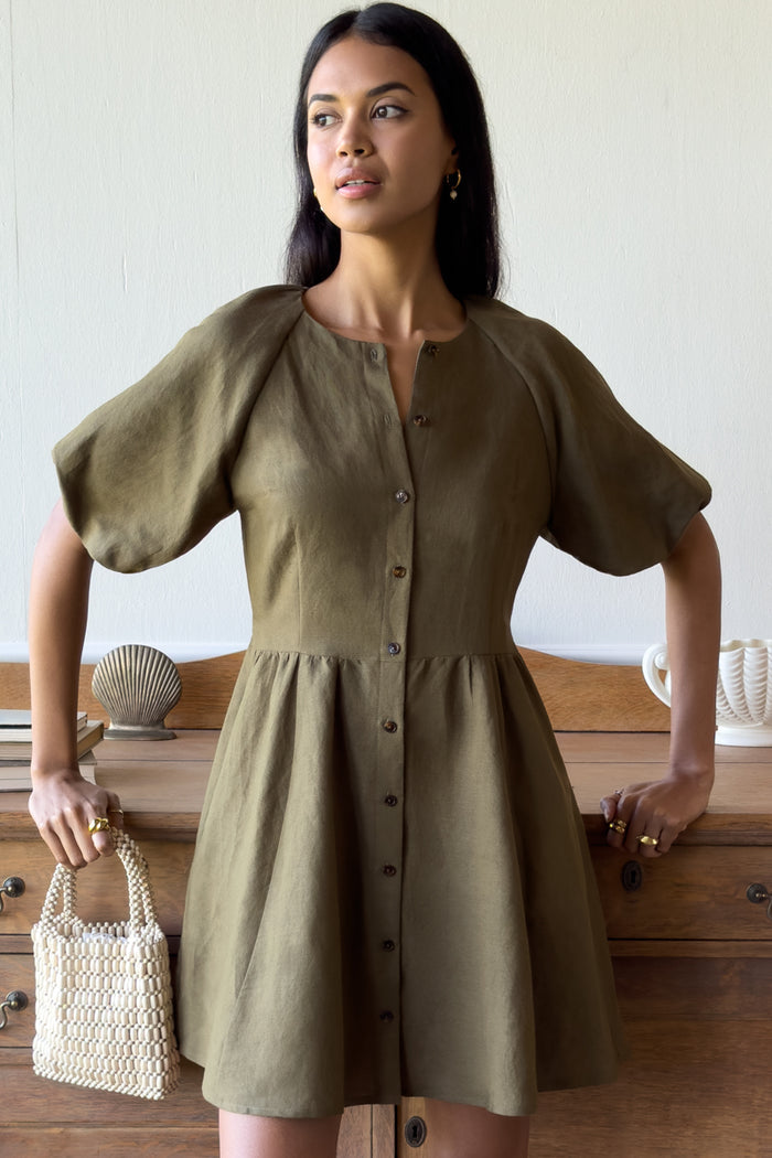 Bastille Short Dress - Martini Olive Linen