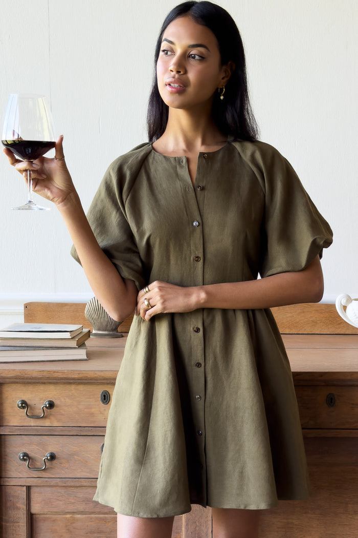 Bastille Short Dress - Martini Olive Linen