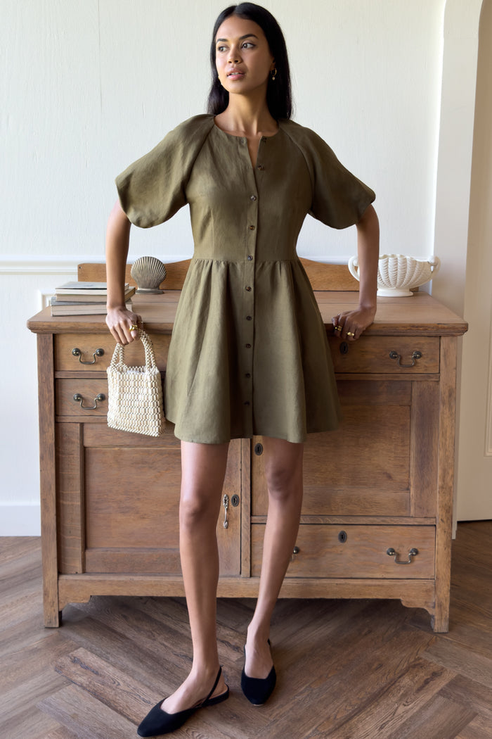 Bastille Short Dress - Martini Olive Linen