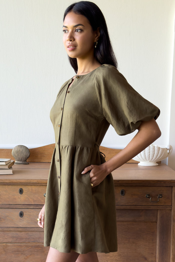 Bastille Short Dress - Martini Olive Linen