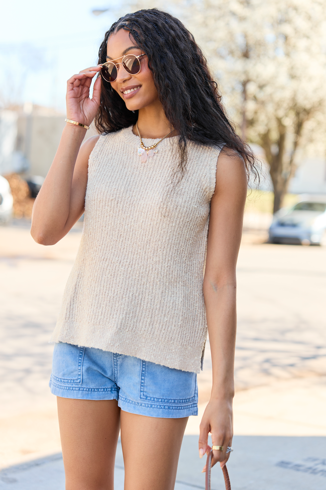 Best Day Ever Beige High Neck Sweater Tank FINAL SALE