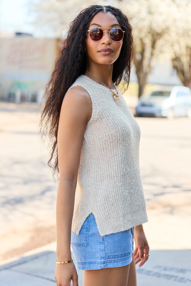 Best Day Ever Beige High Neck Sweater Tank FINAL SALE