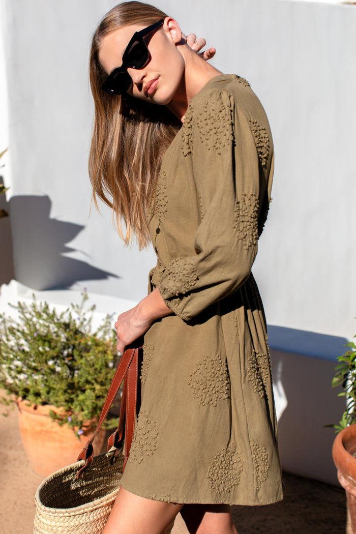 Blouson Dress - French Knot Floral Gothic Olive