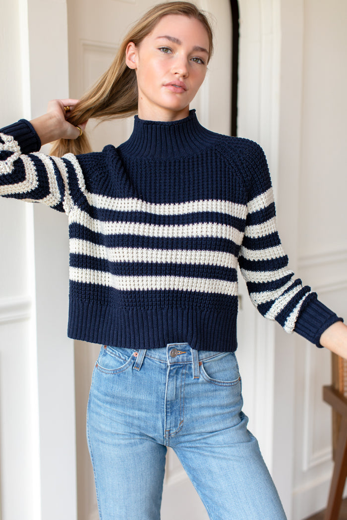 Boxy Funnel Neck Sweater - Navy + Ivory Stripe