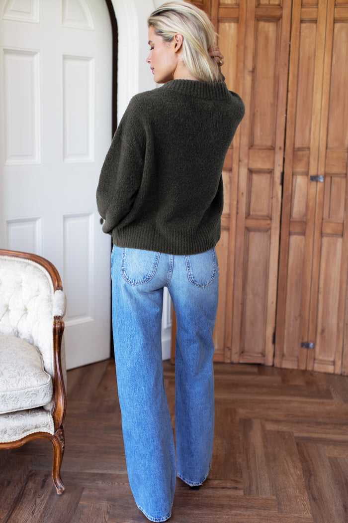 Boxy V Neck Sweater - Olive Wool