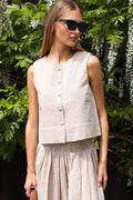 Button Front Wide Hem Top - Cafe Check