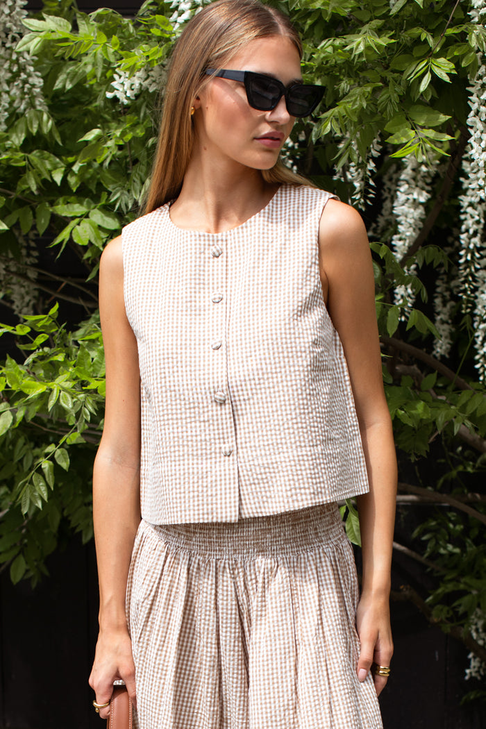Button Front Wide Hem Top - Cafe Check