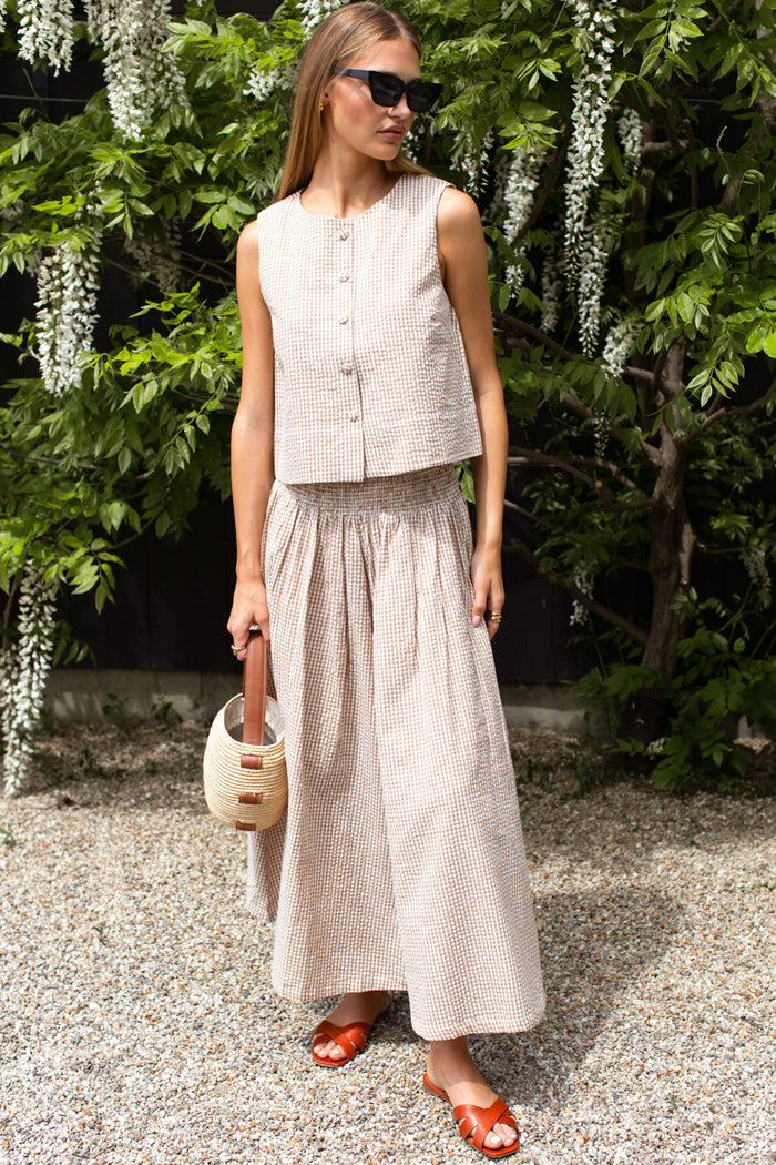 Button Front Wide Hem Top - Cafe Check