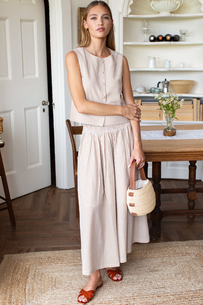 Button Front Wide Hem Top - Cafe Check