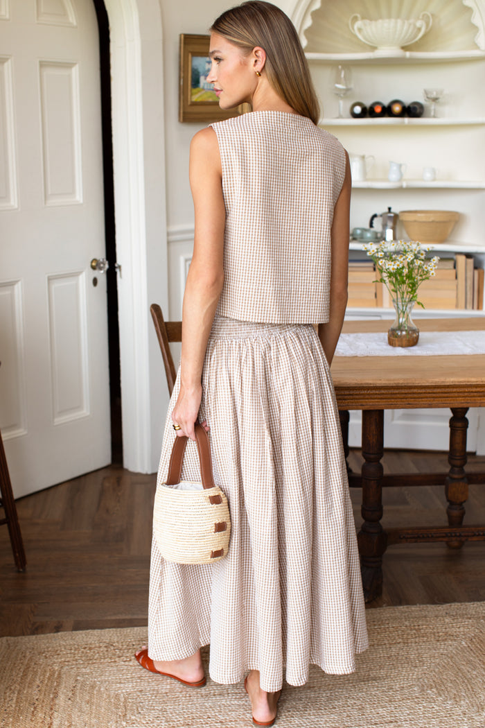Button Front Wide Hem Top - Cafe Check
