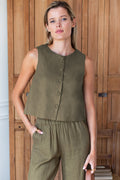 Button Front Wide Hem Top - Gothic Olive Linen
