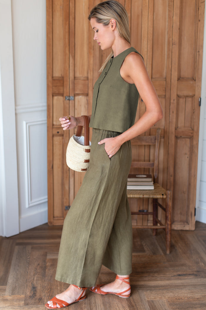 Button Front Wide Hem Top - Gothic Olive Linen