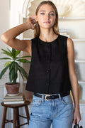 Button Front Wide Hem Top - Jet Black Linen