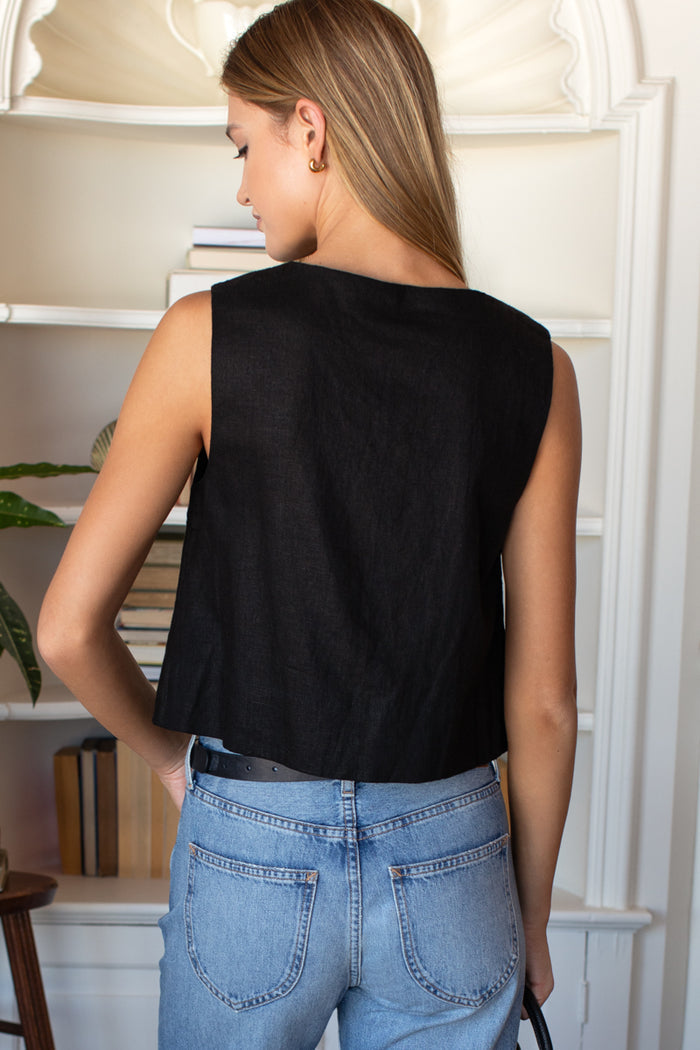 Button Front Wide Hem Top - Jet Black Linen