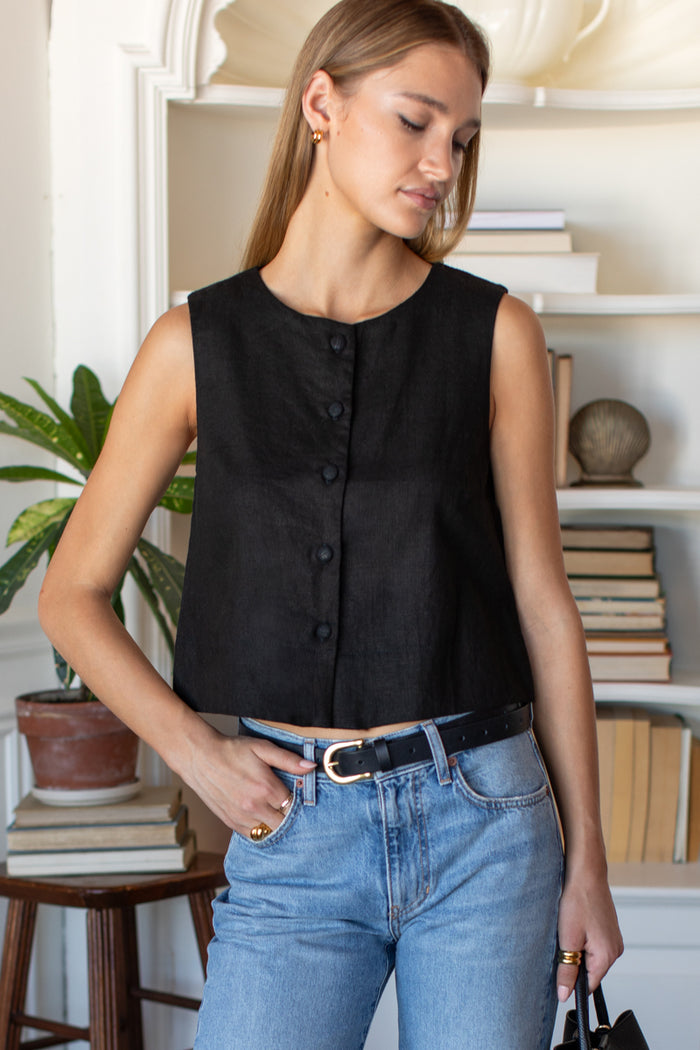 Button Front Wide Hem Top - Jet Black Linen