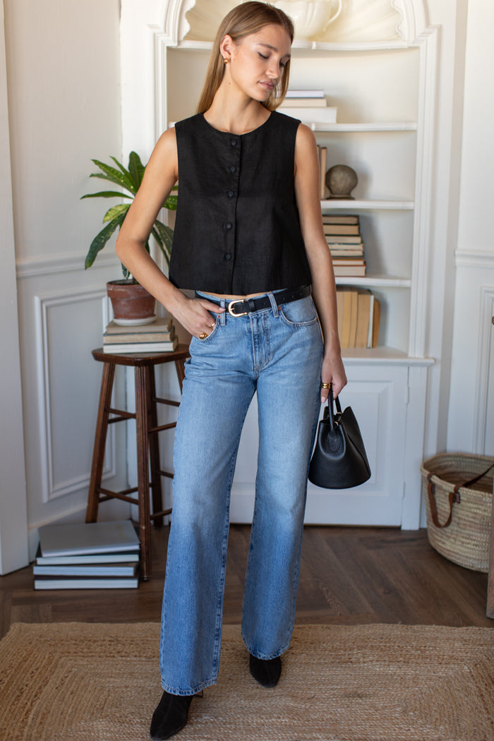 Button Front Wide Hem Top - Jet Black Linen