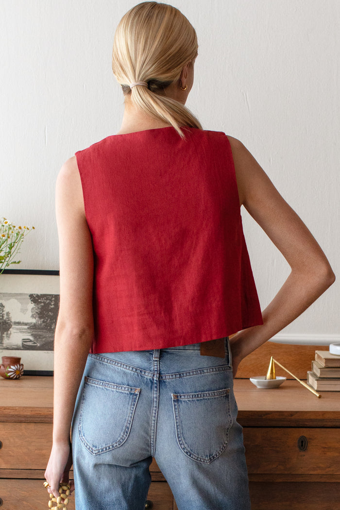 Button Front Wide Hem Top - Pompeian Red Linen