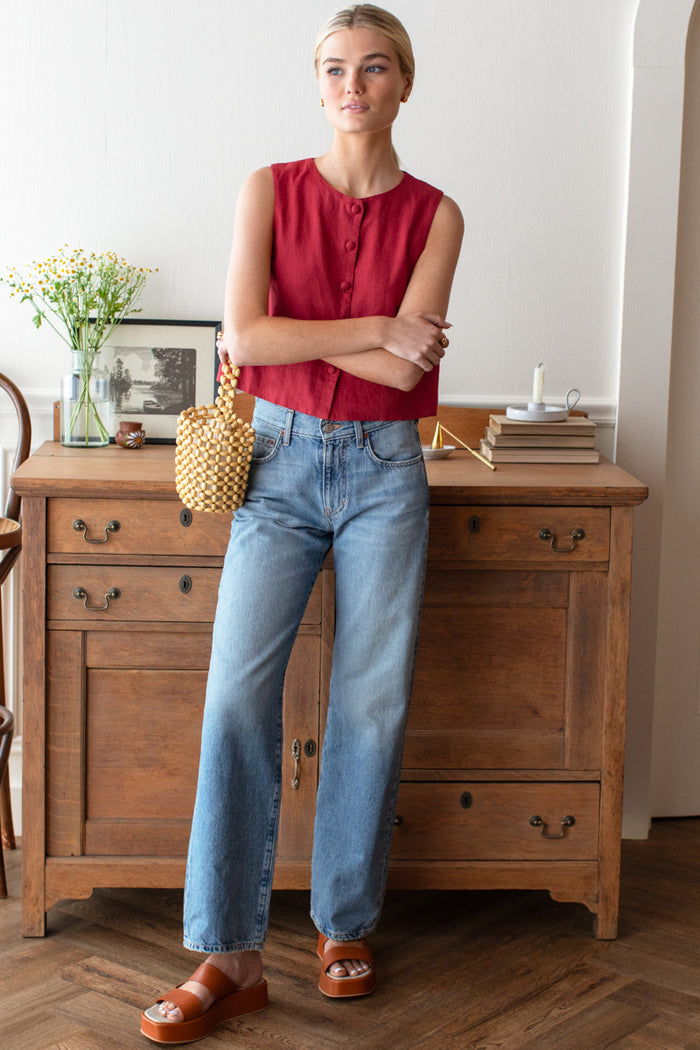 Button Front Wide Hem Top - Pompeian Red Linen
