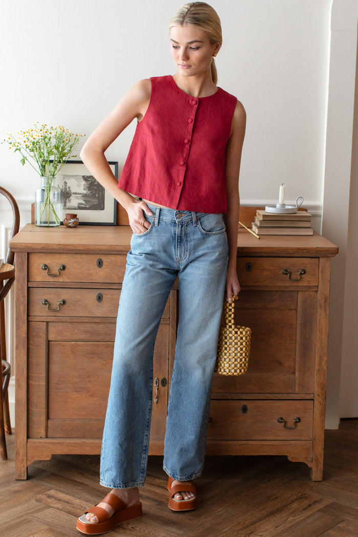 Button Front Wide Hem Top - Pompeian Red Linen