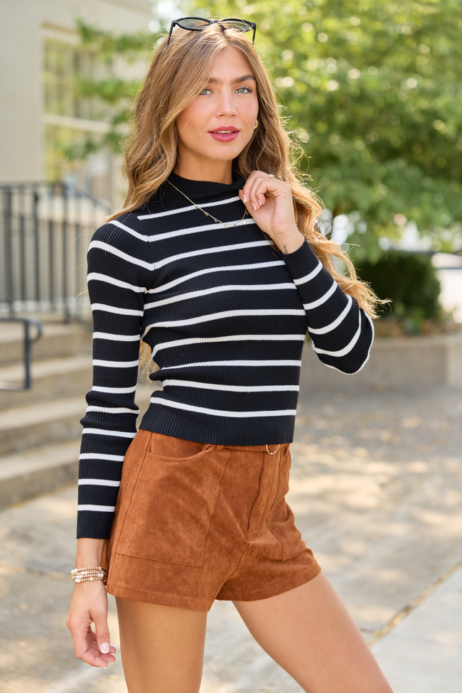 Cabin Bound Black Striped Fitted Mock Neck Sweater