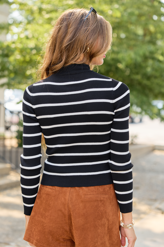 Cabin Bound Black Striped Fitted Mock Neck Sweater
