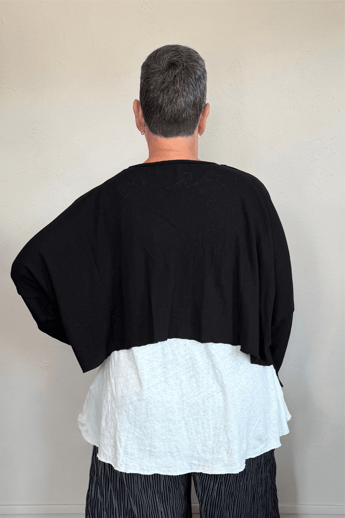 Cropped knit cardigan jacket shown in black and white, with a relaxed boxy shape, dropped shoulders, long sleeves, assorted front buttons, curved seam detailing, raw-edge finishes, and hanging cord accents.