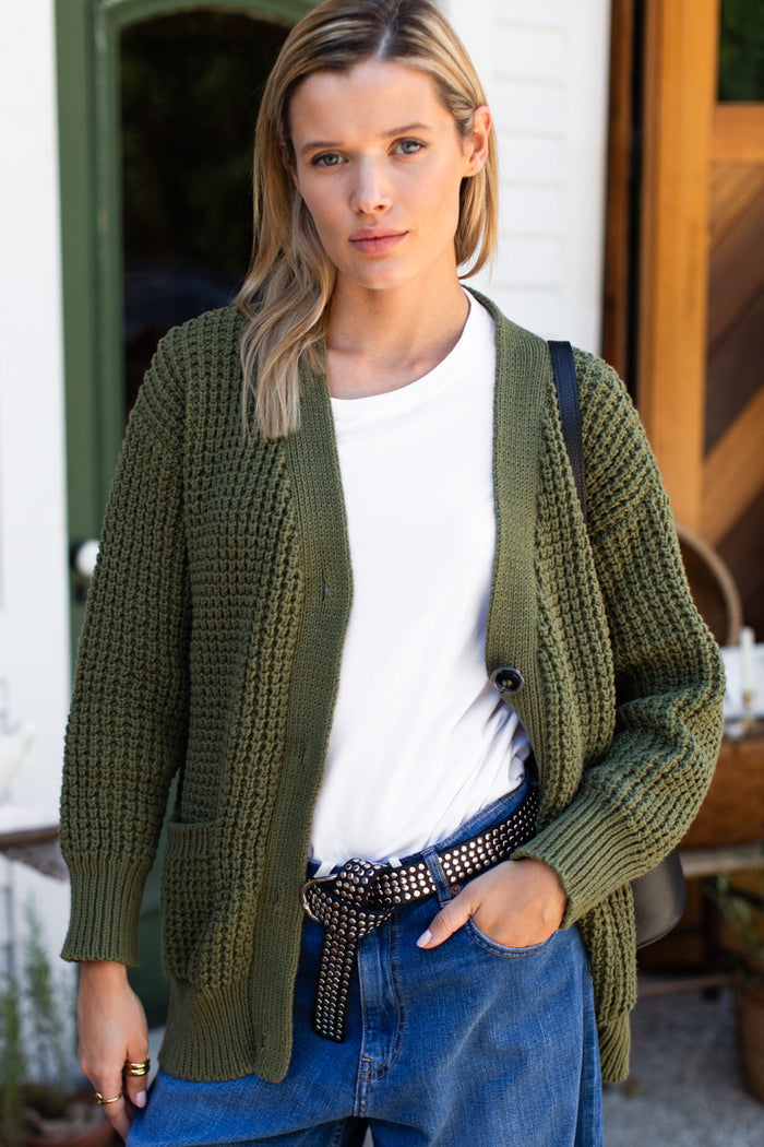 Cozy Cotton Cardigan - Olive Tanguis Cotton