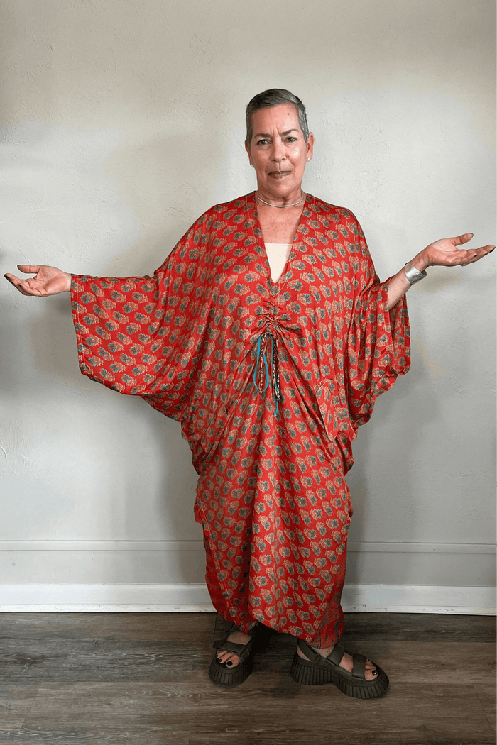 Kantha Bae Moondance Muu in assorted sari-inspired prints, shown on a model and hanging