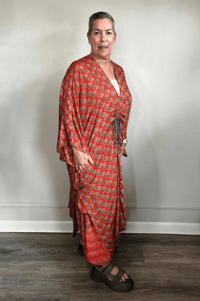 Kantha Bae Moondance Muu in assorted sari-inspired prints, shown on a model and hanging