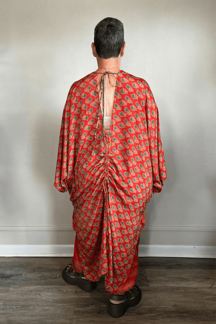 Kantha Bae Moondance Muu in assorted sari-inspired prints, shown on a model and hanging