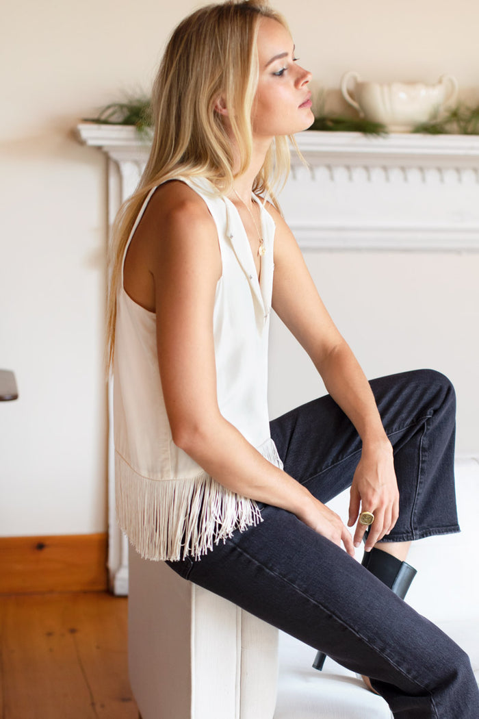 Cut Out Fringe Top - Pearled Ivory