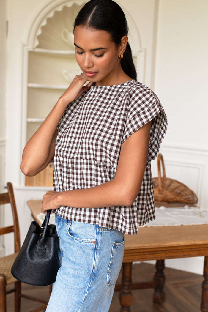 Dolman Peplum Top - Cocoa Gingham