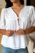 Embroidered Puff Isla Top - Cloud White Organic