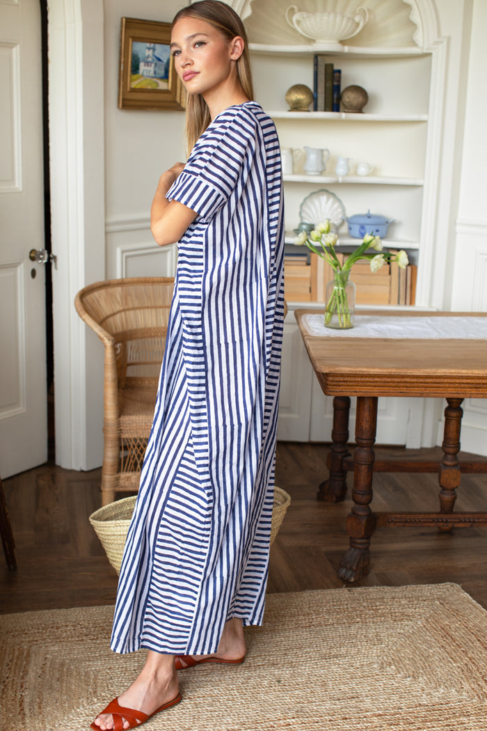 Emerson Caftan - Indigo Stripe Organic