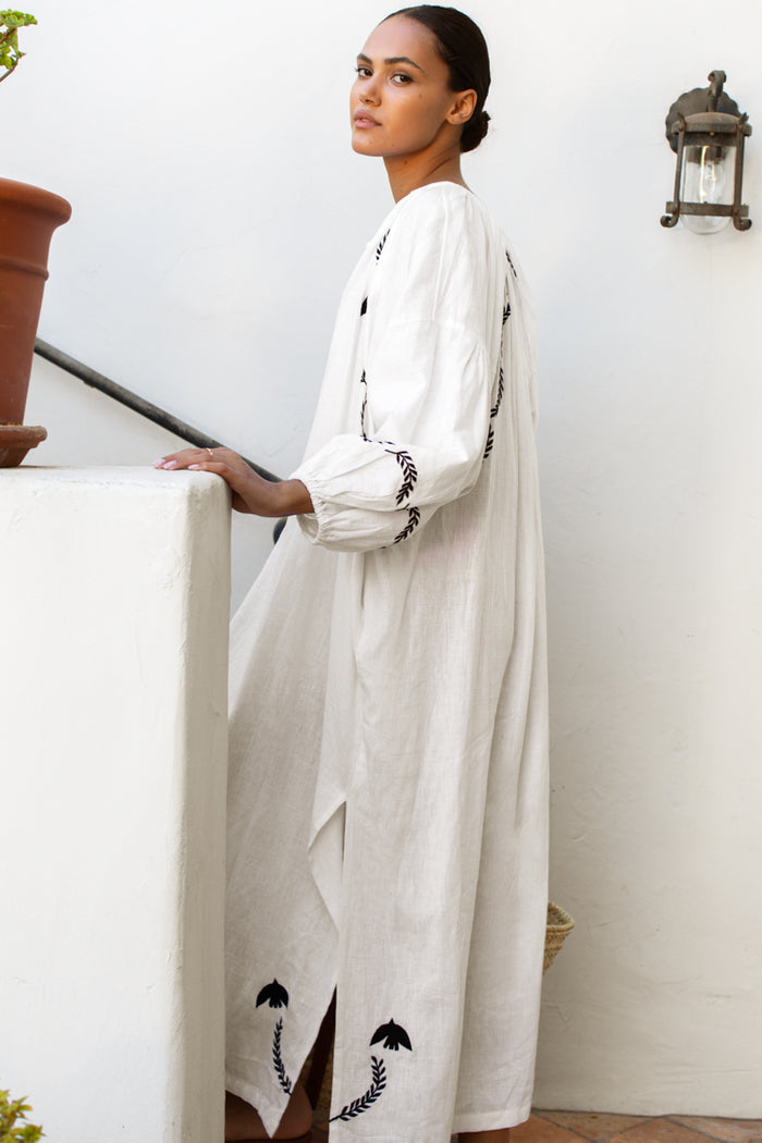 Folk Maxi Dress - White Dove Embroidery Linen