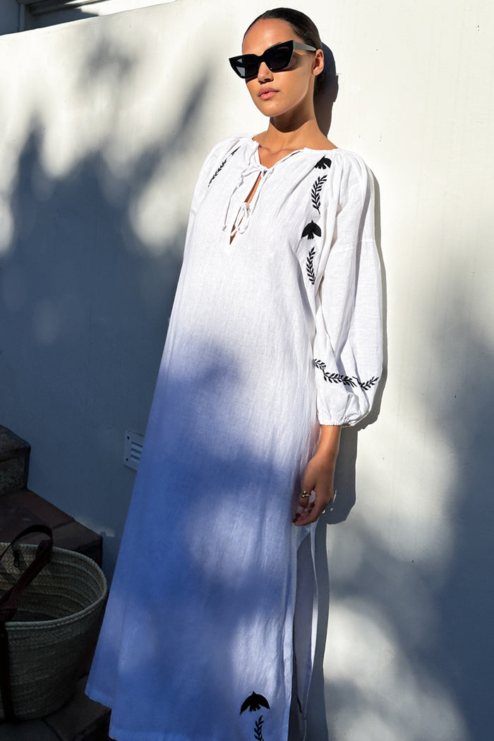 Folk Maxi Dress - White Dove Embroidery Linen