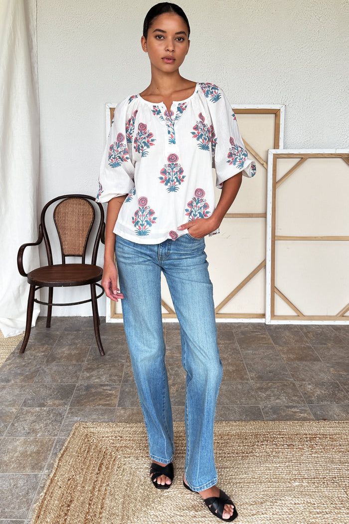 Frances Blouse 2 - Teal + Carnelian Market Flowers Organic