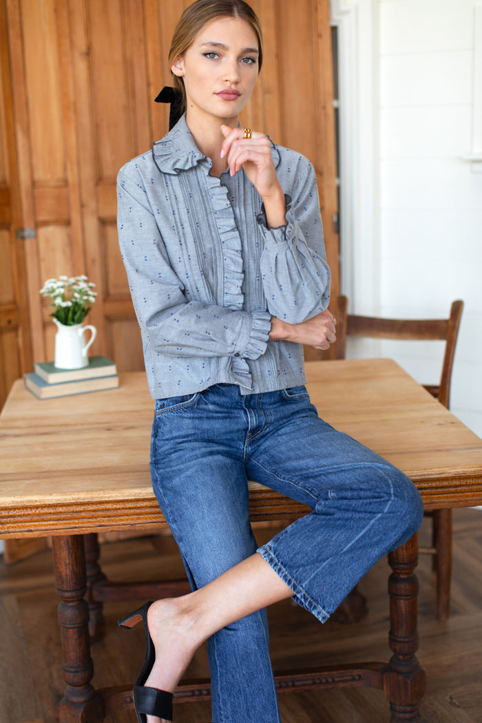 French Heirloom Shirt - Ash W/ Indigo Dots