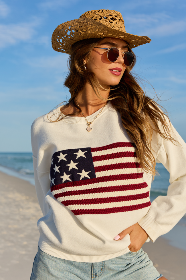 Home Of The Free Ivory Textured Flag Sweater SALE